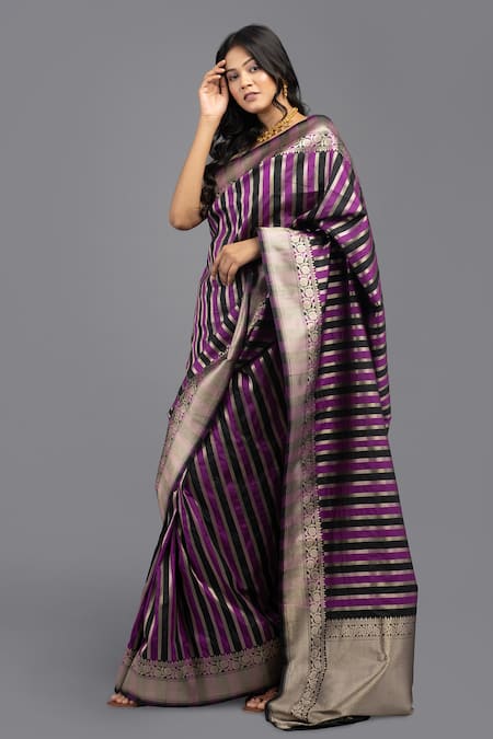 Shop Zal From Benaras Purple Silk Zari Rangkat Stripe Woven Saree With Unstitched Blouse Piece Shop_Zal From Benaras_Purple Silk Zari Rangkat Stripe Woven Saree With Unstitched Blouse Piece