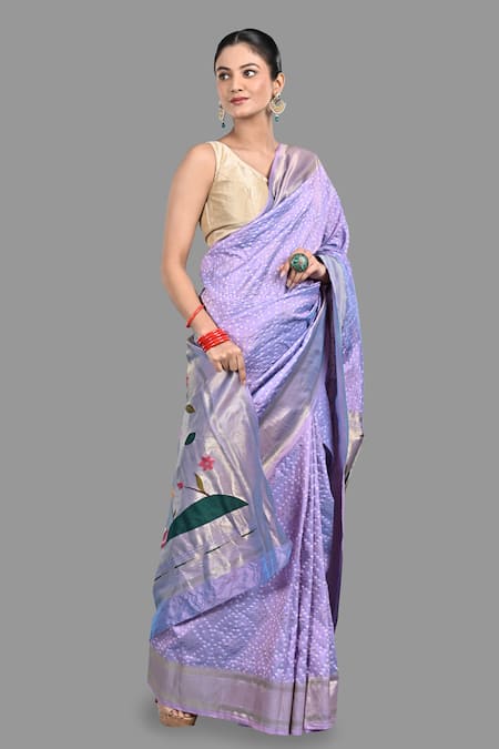 Zal From Benaras Purple Silk Embroidery Paithani Bandhej Woven Saree With Unstitched Blouse Piece at Aza Fashions Zal From Benaras_Purple Silk Embroidery Paithani Bandhej Woven Saree With Unstitched Blouse Piece _at_Aza_Fashions