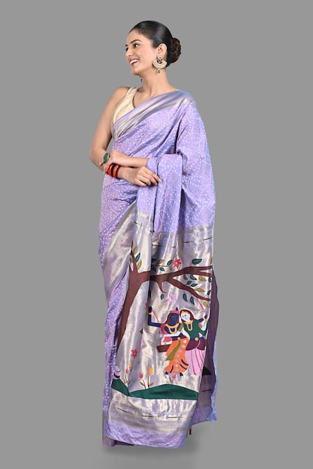 Shop Zal From Benaras Purple Silk Embroidery Paithani Bandhej Woven Saree With Unstitched Blouse Piece Shop_Zal From Benaras_Purple Silk Embroidery Paithani Bandhej Woven Saree With Unstitched Blouse Piece