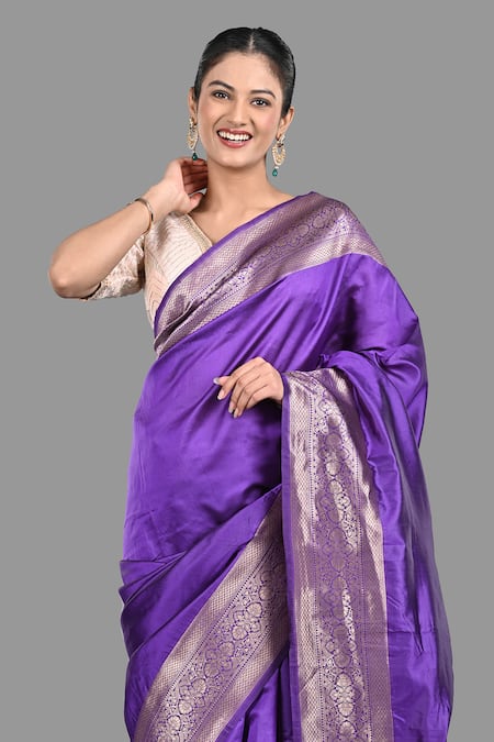 Shop Zal From Benaras Blue Silk Zari Pure Handloom Woven Saree With Unstitched Blouse Piece Online at Aza Fashions Shop_Zal From Benaras_Blue Silk Zari Pure Handloom Woven Saree With Unstitched Blouse Piece _Online_at_Aza_Fashions