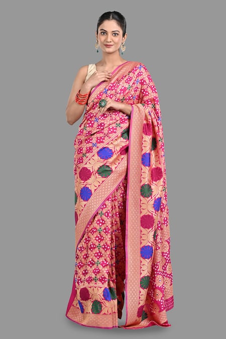 Zal From Benaras Bandhej Work Handloom Saree With Unstitched Blouse Piece 