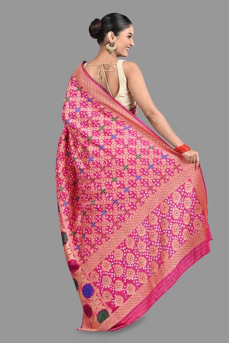 Shop Zal From Benaras Pink Silk Embroidery Bandhej Work Handloom Saree With Unstitched Blouse Piece at Aza Fashions Shop_Zal From Benaras_Pink Silk Embroidery Bandhej Work Handloom Saree With Unstitched Blouse Piece_at_Aza_Fashions