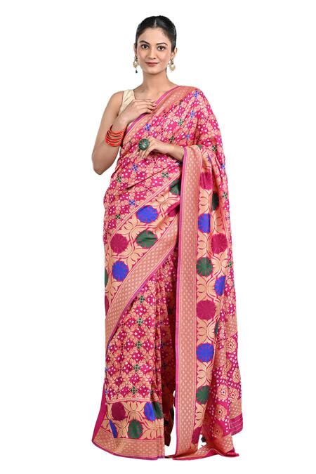 Buy Zal From Benaras Pink Silk Embroidery Bandhej Work Handloom Saree With Unstitched Blouse Piece Online at Aza Fashions Buy_Zal From Benaras_Pink Silk Embroidery Bandhej Work Handloom Saree With Unstitched Blouse Piece_Online_at_Aza_Fashions