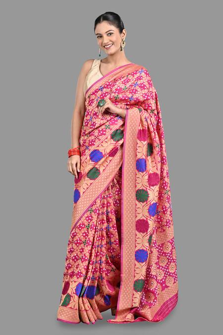 Shop Zal From Benaras Pink Silk Embroidery Bandhej Work Handloom Saree With Unstitched Blouse Piece Online at Aza Fashions Shop_Zal From Benaras_Pink Silk Embroidery Bandhej Work Handloom Saree With Unstitched Blouse Piece_Online_at_Aza_Fashions