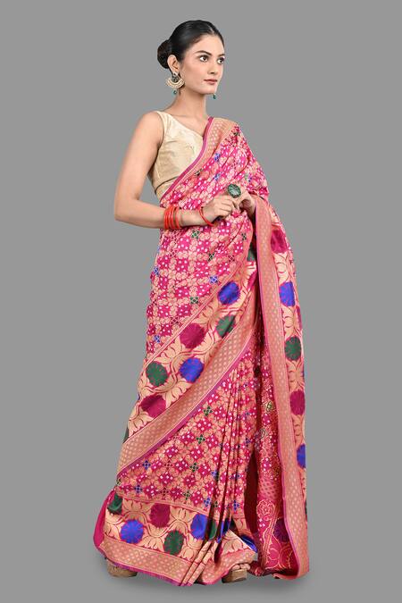 Zal From Benaras Pink Silk Embroidery Bandhej Work Handloom Saree With Unstitched Blouse Piece at Aza Fashions Zal From Benaras_Pink Silk Embroidery Bandhej Work Handloom Saree With Unstitched Blouse Piece_at_Aza_Fashions