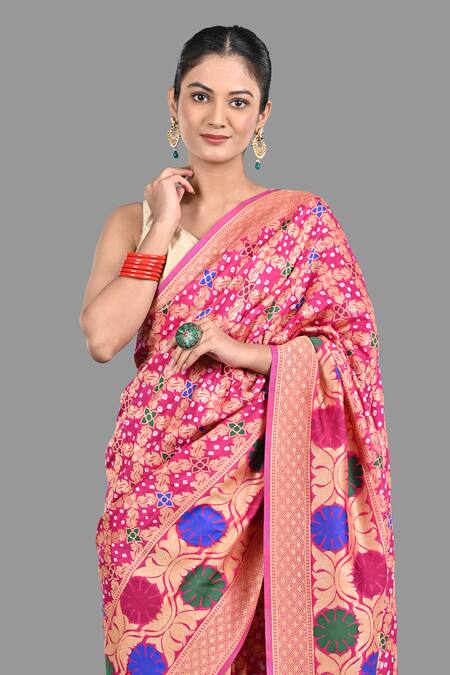 Buy Zal From Benaras Pink Silk Embroidery Bandhej Work Handloom Saree With Unstitched Blouse Piece Buy_Zal From Benaras_Pink Silk Embroidery Bandhej Work Handloom Saree With Unstitched Blouse Piece