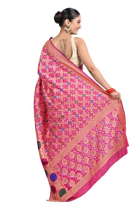 Shop Zal From Benaras Pink Silk Embroidery Bandhej Work Handloom Saree With Unstitched Blouse Piece Shop_Zal From Benaras_Pink Silk Embroidery Bandhej Work Handloom Saree With Unstitched Blouse Piece