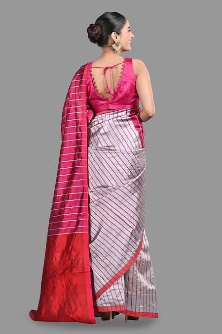Shop Zal From Benaras Pink Chanderi Silk Stripe Pattern Handloom Saree With Unstitched Blouse Piece at Aza Fashions Shop_Zal From Benaras_Pink Chanderi Silk Stripe Pattern Handloom Saree With Unstitched Blouse Piece _at_Aza_Fashions