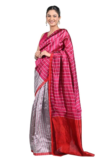 Buy Zal From Benaras Pink Chanderi Silk Stripe Pattern Handloom Saree With Unstitched Blouse Piece Online at Aza Fashions Buy_Zal From Benaras_Pink Chanderi Silk Stripe Pattern Handloom Saree With Unstitched Blouse Piece _Online_at_Aza_Fashions