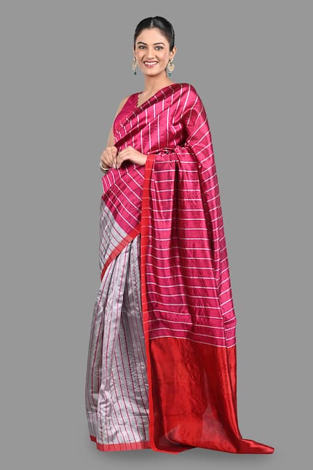 Shop Zal From Benaras Pink Chanderi Silk Stripe Pattern Handloom Saree With Unstitched Blouse Piece Online at Aza Fashions Shop_Zal From Benaras_Pink Chanderi Silk Stripe Pattern Handloom Saree With Unstitched Blouse Piece _Online_at_Aza_Fashions