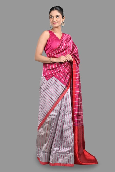 Zal From Benaras Pink Chanderi Silk Stripe Pattern Handloom Saree With Unstitched Blouse Piece at Aza Fashions Zal From Benaras_Pink Chanderi Silk Stripe Pattern Handloom Saree With Unstitched Blouse Piece _at_Aza_Fashions