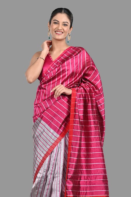 Buy Zal From Benaras Pink Chanderi Silk Stripe Pattern Handloom Saree With Unstitched Blouse Piece Buy_Zal From Benaras_Pink Chanderi Silk Stripe Pattern Handloom Saree With Unstitched Blouse Piece