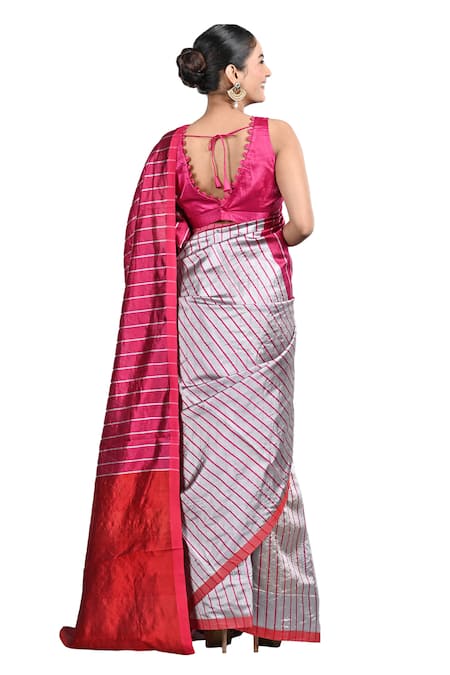 Shop Zal From Benaras Pink Chanderi Silk Stripe Pattern Handloom Saree With Unstitched Blouse Piece Shop_Zal From Benaras_Pink Chanderi Silk Stripe Pattern Handloom Saree With Unstitched Blouse Piece