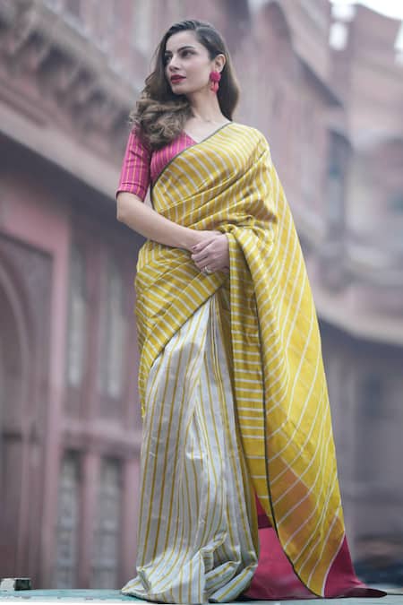 Shop_Zal From Benaras_Yellow Silk, Stripe Pattern Saree With Unstitched Blouse Piece_at_Aza_Fashions