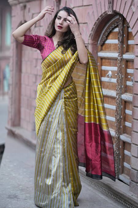 Buy_Zal From Benaras_Yellow Silk, Stripe Pattern Saree With Unstitched Blouse Piece_Online_at_Aza_Fashions