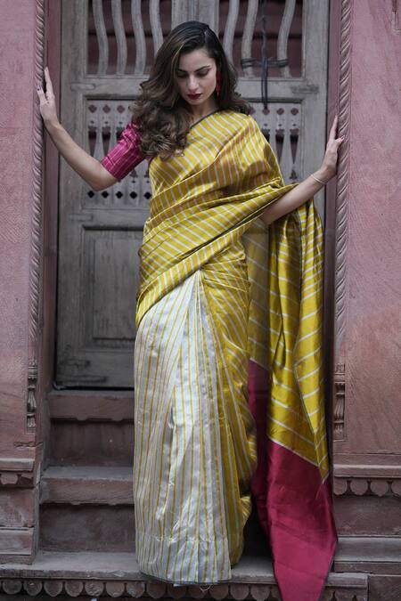 Shop_Zal From Benaras_Yellow Silk, Stripe Pattern Saree With Unstitched Blouse Piece_Online_at_Aza_Fashions