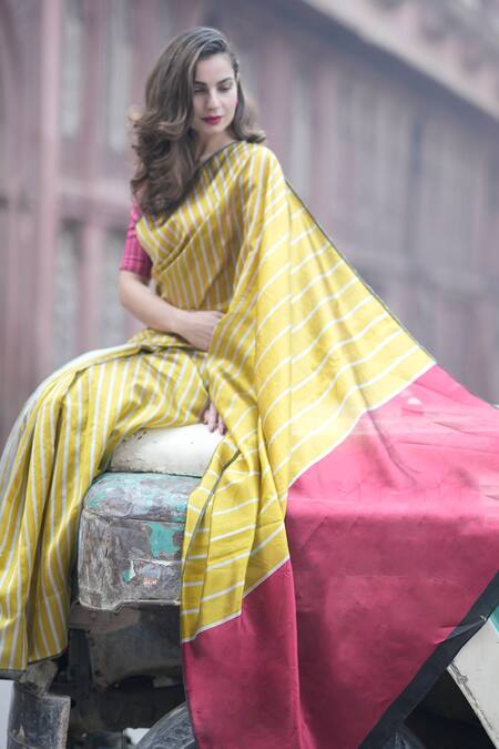Zal From Benaras_Yellow Silk, Stripe Pattern Saree With Unstitched Blouse Piece_at_Aza_Fashions