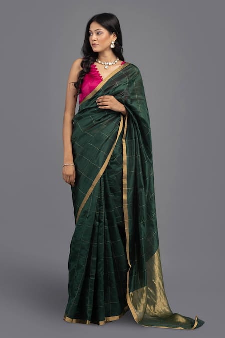 Zal From Benaras Green Pure Contrast Hem Handloom Saree With Unstitched Blouse Piece 