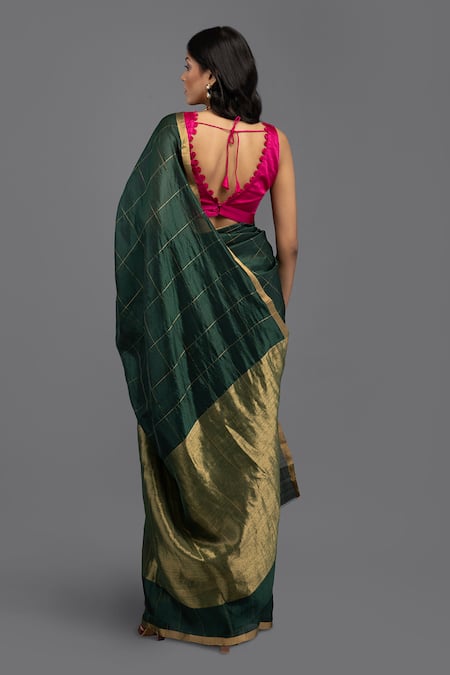 Shop_Zal From Benaras_Green Chanderi Silk, Contrast Hem Handloom Saree With Unstitched Blouse Piece _at_Aza_Fashions