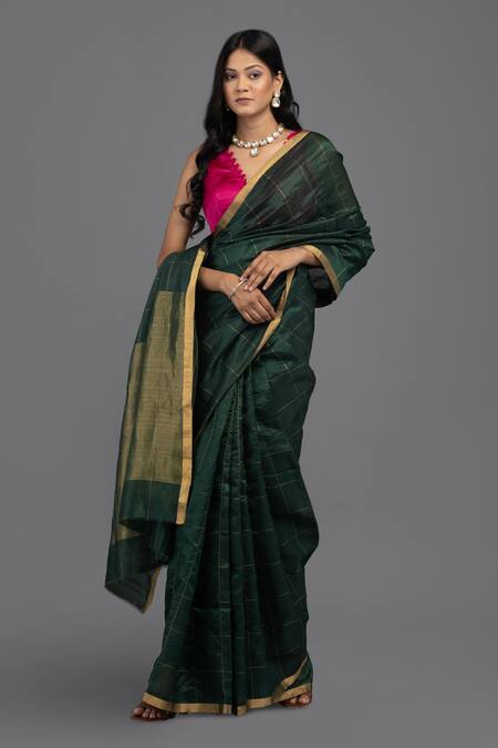 Zal From Benaras_Green Chanderi Silk, Contrast Hem Handloom Saree With Unstitched Blouse Piece _Online_at_Aza_Fashions