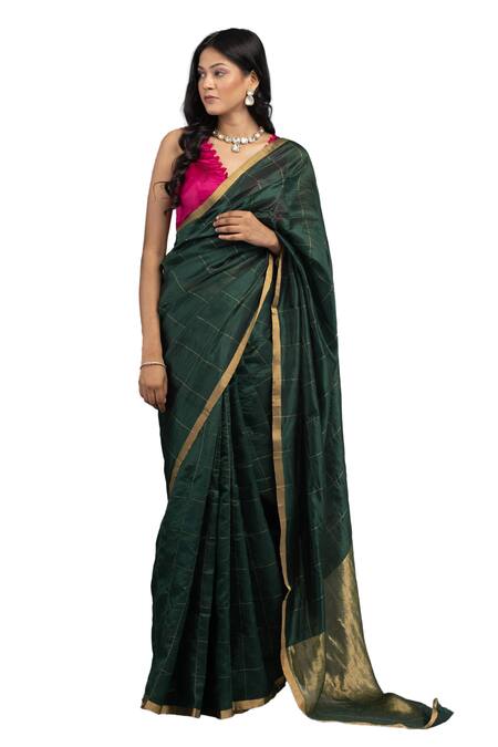 Buy_Zal From Benaras_Green Chanderi Silk, Contrast Hem Handloom Saree With Unstitched Blouse Piece _Online_at_Aza_Fashions