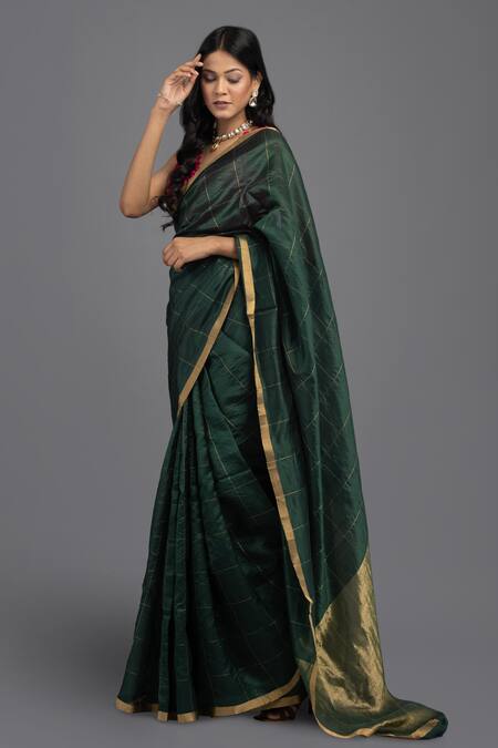Shop_Zal From Benaras_Green Chanderi Silk, Contrast Hem Handloom Saree With Unstitched Blouse Piece _Online_at_Aza_Fashions