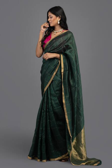 Zal From Benaras_Green Chanderi Silk, Contrast Hem Handloom Saree With Unstitched Blouse Piece _at_Aza_Fashions