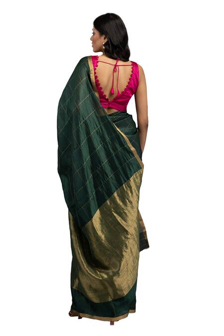 Buy_Zal From Benaras_Green Chanderi Silk, Contrast Hem Handloom Saree With Unstitched Blouse Piece 