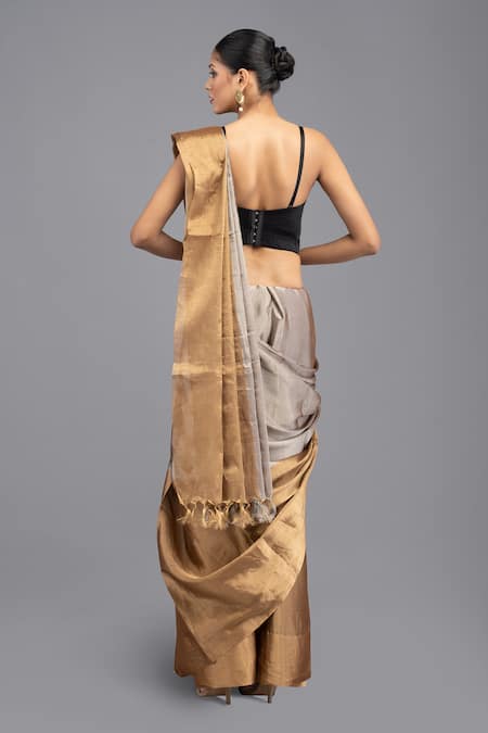 Shop Zal From Benaras Gold Chanderi, Dual Tone Stripe Handloom Saree With Unstitched Blouse Piece at Aza Fashions Shop_Zal From Benaras_Gold Chanderi, Dual Tone Stripe Handloom Saree With Unstitched Blouse Piece _at_Aza_Fashions