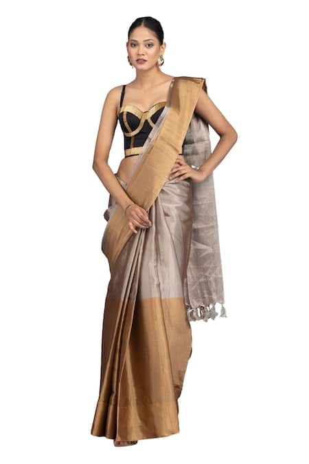 Zal From Benaras Gold Chanderi, Dual Tone Stripe Handloom Saree With Unstitched Blouse Piece Online at Aza Fashions Zal From Benaras_Gold Chanderi, Dual Tone Stripe Handloom Saree With Unstitched Blouse Piece _Online_at_Aza_Fashions