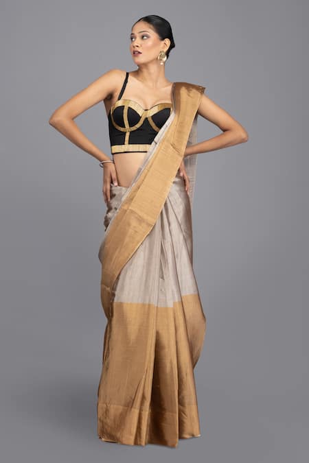 Buy Zal From Benaras Gold Chanderi, Dual Tone Stripe Handloom Saree With Unstitched Blouse Piece Online at Aza Fashions Buy_Zal From Benaras_Gold Chanderi, Dual Tone Stripe Handloom Saree With Unstitched Blouse Piece _Online_at_Aza_Fashions