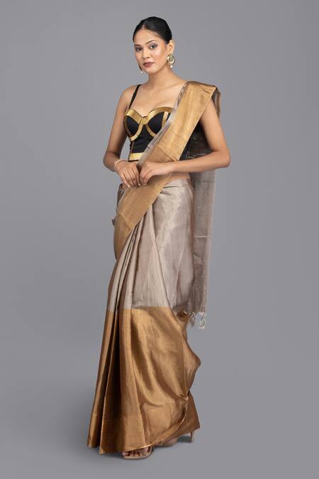 Shop Zal From Benaras Gold Chanderi, Dual Tone Stripe Handloom Saree With Unstitched Blouse Piece Online at Aza Fashions Shop_Zal From Benaras_Gold Chanderi, Dual Tone Stripe Handloom Saree With Unstitched Blouse Piece _Online_at_Aza_Fashions