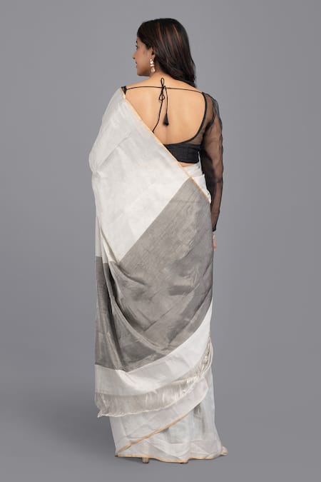 Shop Zal From Benaras Silver Chanderi Silk Contrast Hem Solid Saree With Unstitched Blouse Piece at Aza Fashions Shop_Zal From Benaras_Silver Chanderi Silk Contrast Hem Solid Saree With Unstitched Blouse Piece _at_Aza_Fashions