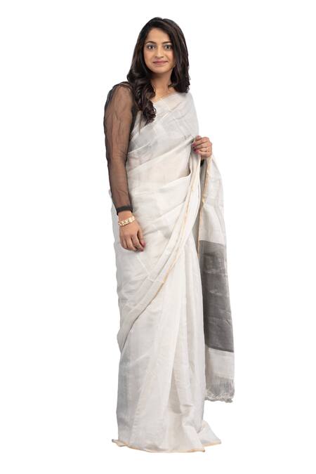 Buy Zal From Benaras Silver Chanderi Silk Contrast Hem Solid Saree With Unstitched Blouse Piece Online at Aza Fashions Buy_Zal From Benaras_Silver Chanderi Silk Contrast Hem Solid Saree With Unstitched Blouse Piece _Online_at_Aza_Fashions