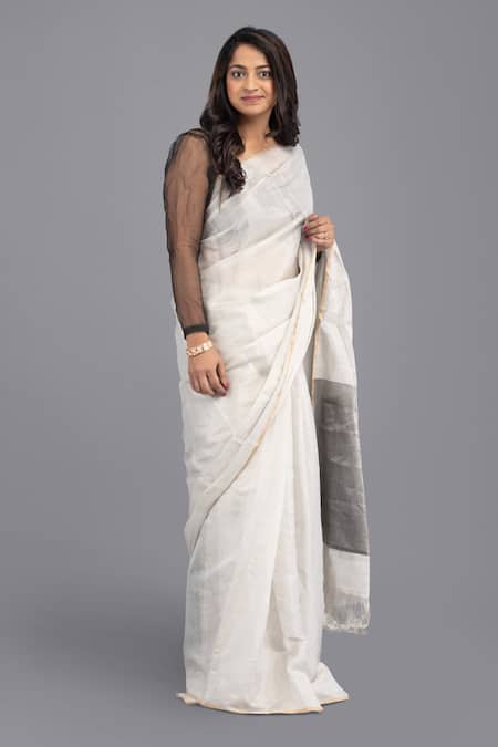 Shop Zal From Benaras Silver Chanderi Silk Contrast Hem Solid Saree With Unstitched Blouse Piece Online at Aza Fashions Shop_Zal From Benaras_Silver Chanderi Silk Contrast Hem Solid Saree With Unstitched Blouse Piece _Online_at_Aza_Fashions