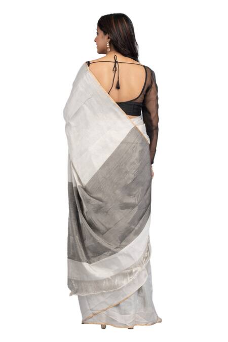 Buy Zal From Benaras Silver Chanderi Silk Contrast Hem Solid Saree With Unstitched Blouse Piece Buy_Zal From Benaras_Silver Chanderi Silk Contrast Hem Solid Saree With Unstitched Blouse Piece