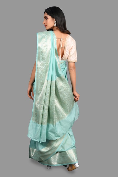 Shop_Zal From Benaras_Green Silk Embroidery Floral Hand Woven Hem Saree With Unstitched Blouse Piece _at_Aza_Fashions