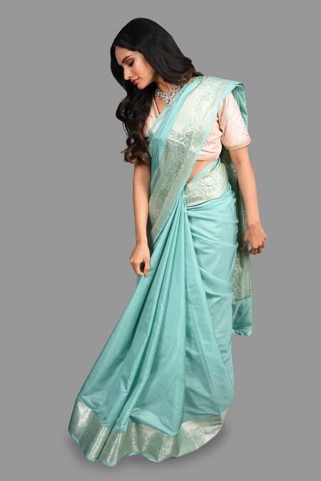 Zal From Benaras_Green Silk Embroidery Floral Hand Woven Hem Saree With Unstitched Blouse Piece _Online_at_Aza_Fashions