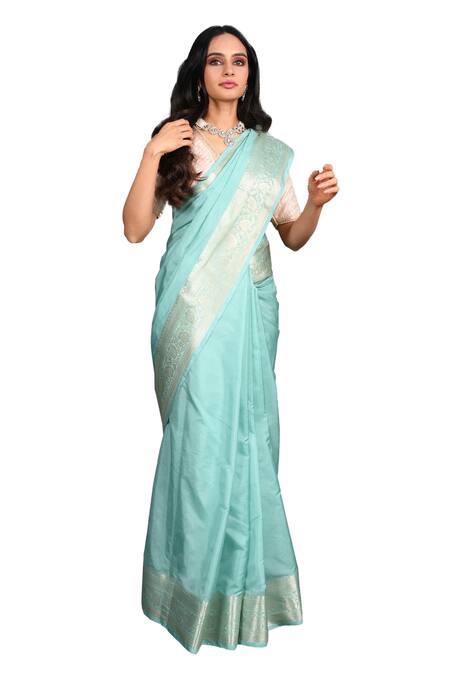 Buy_Zal From Benaras_Green Silk Embroidery Floral Hand Woven Hem Saree With Unstitched Blouse Piece _Online_at_Aza_Fashions