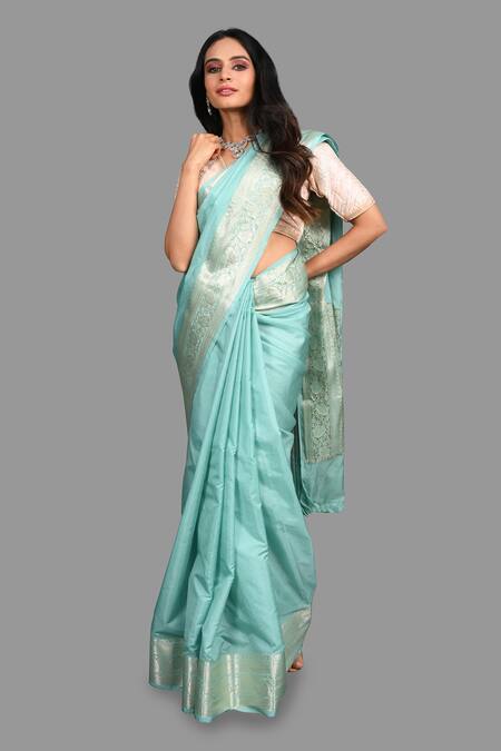 Buy_Zal From Benaras_Green Silk Embroidery Floral Hand Woven Hem Saree With Unstitched Blouse Piece 