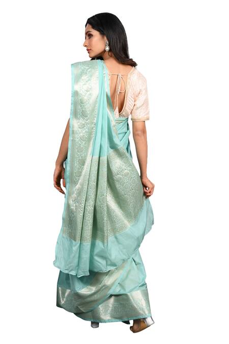 Shop_Zal From Benaras_Green Silk Embroidery Floral Hand Woven Hem Saree With Unstitched Blouse Piece 