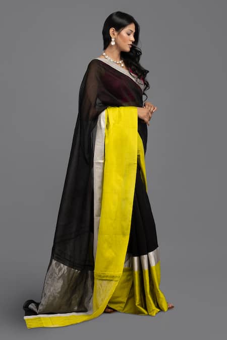 Zal From Benaras_Black Silk, Contrast Hem Saree With Unstitched Blouse Piece _Online_at_Aza_Fashions