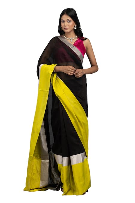 Buy_Zal From Benaras_Black Silk, Contrast Hem Saree With Unstitched Blouse Piece _Online_at_Aza_Fashions