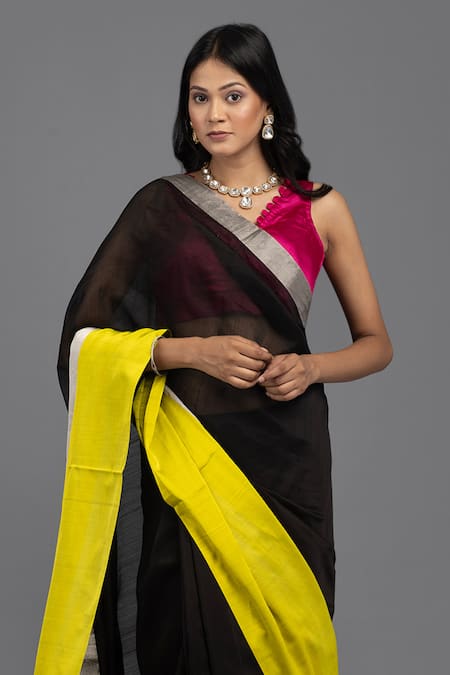 Shop_Zal From Benaras_Black Silk, Contrast Hem Saree With Unstitched Blouse Piece _Online_at_Aza_Fashions