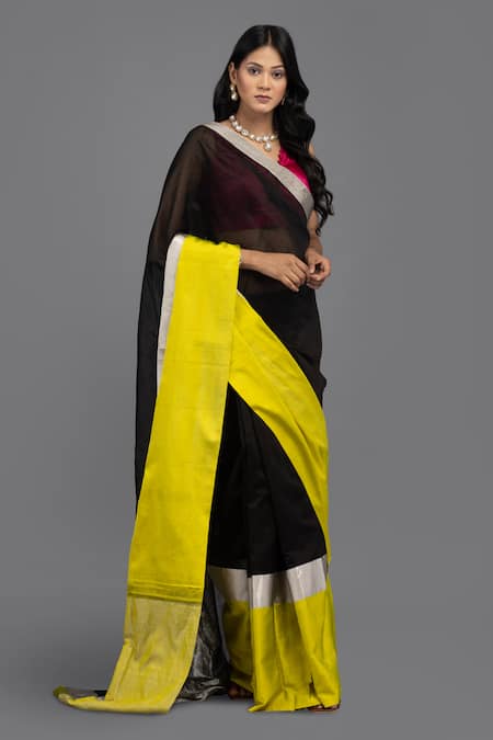 Zal From Benaras_Black Silk, Contrast Hem Saree With Unstitched Blouse Piece _at_Aza_Fashions