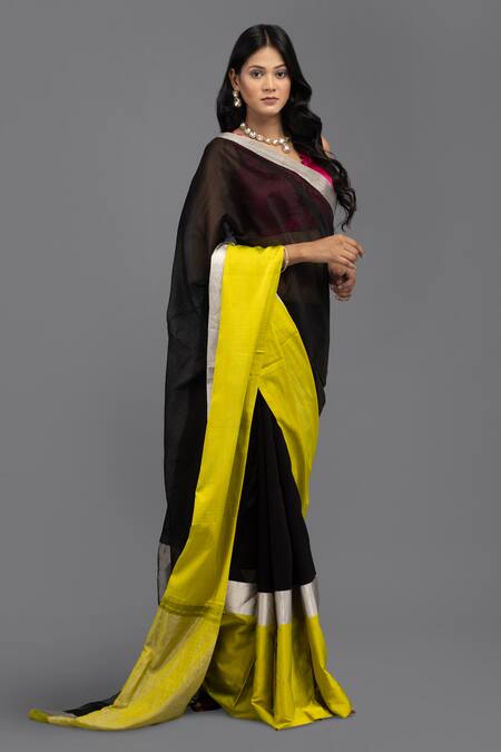 Buy_Zal From Benaras_Black Silk, Contrast Hem Saree With Unstitched Blouse Piece 