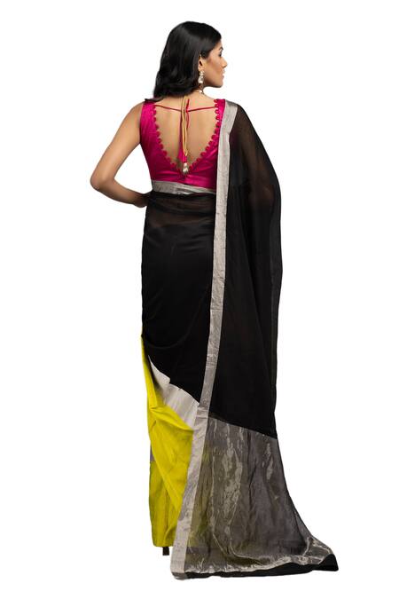 Shop_Zal From Benaras_Black Silk, Contrast Hem Saree With Unstitched Blouse Piece 