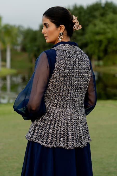 Shop Nikita Vishakha Blue Organza, Polyester Cuff Hand Embroidered Flared Gown With Peplum Jacket at Aza Fashions Shop_Nikita Vishakha_Blue Organza, Polyester Cuff Hand Embroidered Flared Gown With Peplum Jacket _at_Aza_Fashions