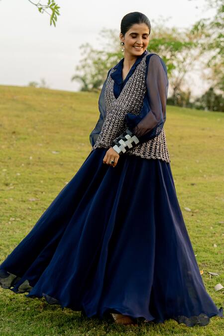 Nikita Vishakha Blue Organza, Polyester Cuff Hand Embroidered Flared Gown With Peplum Jacket Online at Aza Fashions Nikita Vishakha_Blue Organza, Polyester Cuff Hand Embroidered Flared Gown With Peplum Jacket _Online_at_Aza_Fashions