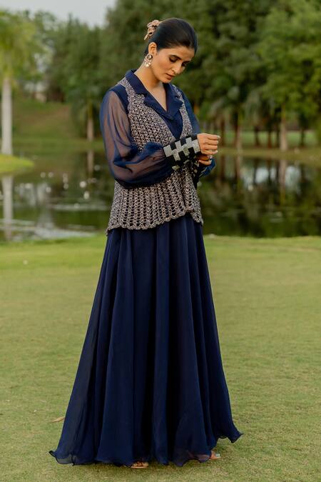 Buy Nikita Vishakha Blue Organza, Polyester Cuff Hand Embroidered Flared Gown With Peplum Jacket Online at Aza Fashions Buy_Nikita Vishakha_Blue Organza, Polyester Cuff Hand Embroidered Flared Gown With Peplum Jacket _Online_at_Aza_Fashions